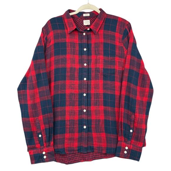 J.Crew Red Blue Checkered Plaid Long Sleeve Button Up‎ Boy Fit Collared Shirt XL - Picture 1 of 7